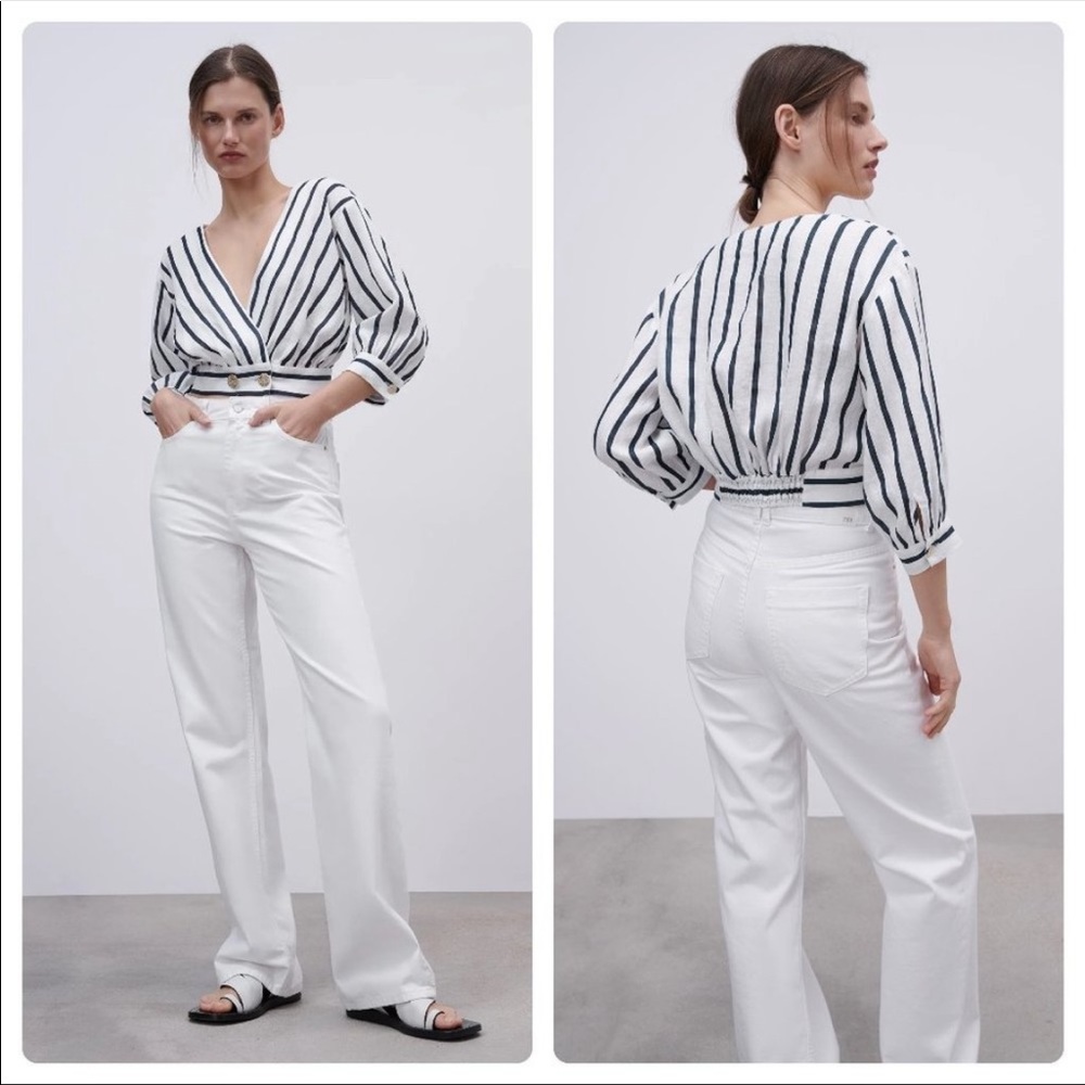 NWT Zara Nautical Stripe 100% Linen Top Navy & White